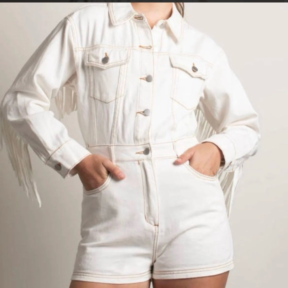 Le Lis Fringed white Denim Romper